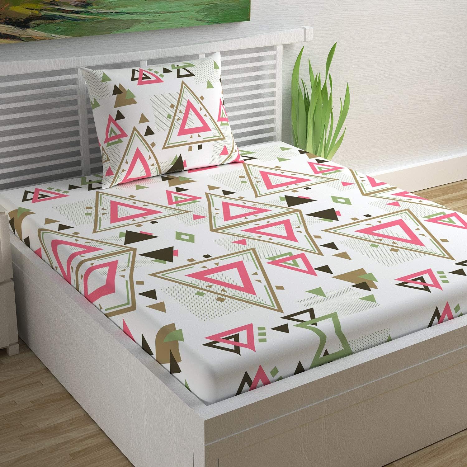 Divine Casa 100% Cotton Geometric Single Bedsheet with 1 Pillow Cover- Pink