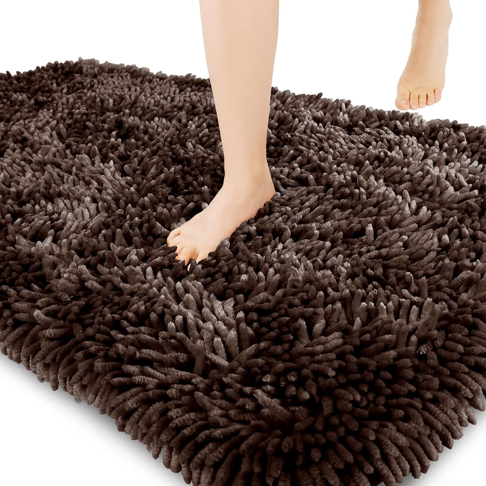Yimobra Luxury Chenille Bath Mat, Extra Soft and Absorbent Shaggy Bathroom mats Non Slip, Machine Washble Dry, Plush Floor Carpet for Tub, Shower, and Bath Room, 43 x 61 cm, Brown