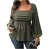 Floerns Women's Plus Size Square Neck Lantern Long Sleeve Ruffle Hem Peplum Blouse Top