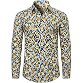 fohemr Mens Floral Shirt Casual Button Down Long Sleeve Flower Printed Shirt 100% Cotton