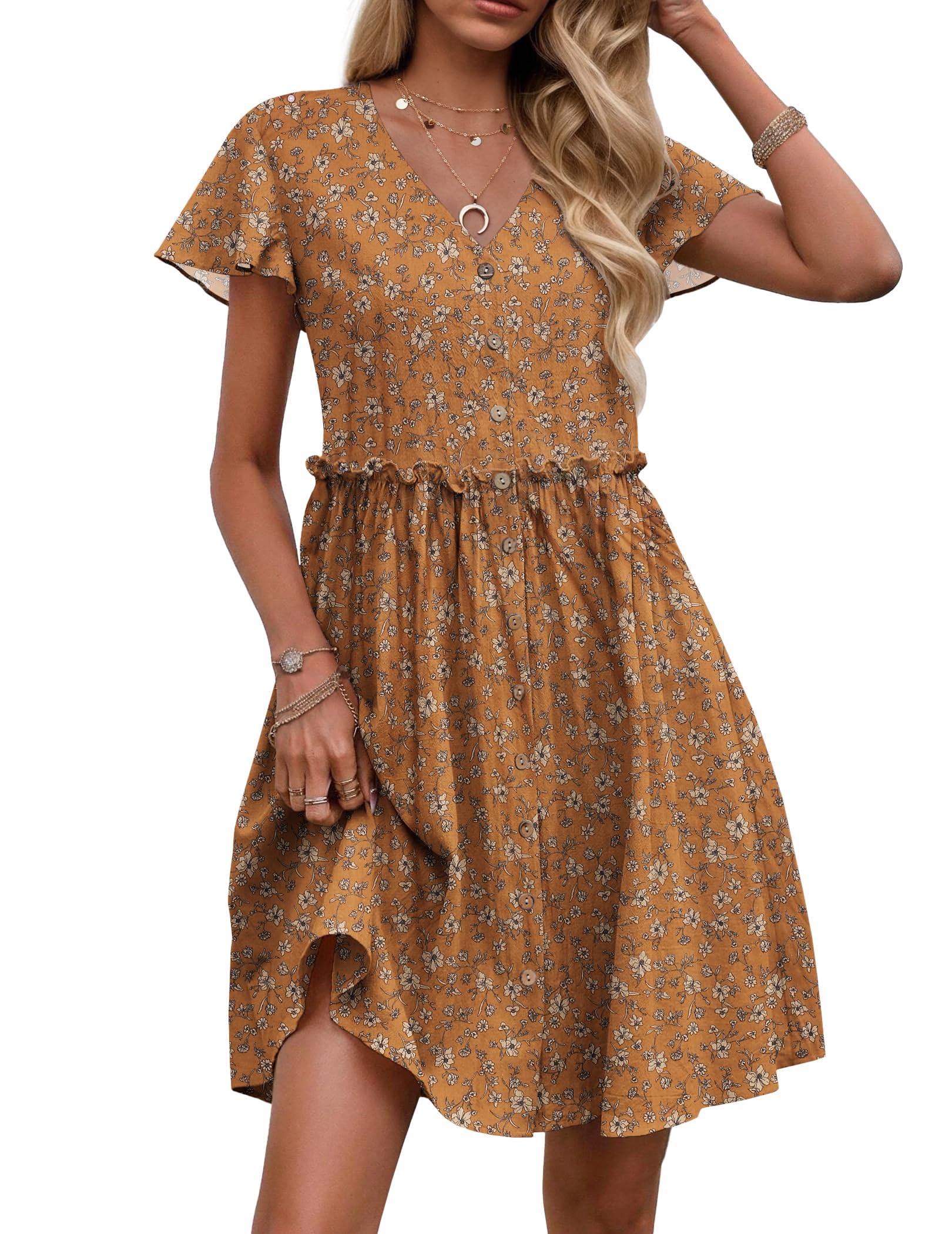 Photo 1 of Zeagoo Midi Casual Summer Spring A Line Dresses 2025 Cotton Beach Linen Dress Button Down V Neck Dress with Pockets Vacation Floral Dress Brown L
