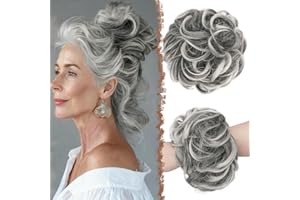 FESHFEN Messy Bun Hair Pieces - Large Wavy Curly Elastic Hair Bun Scrunchies Ponytail Extensions Synthetic Chignon Hairpieces for Women, Black Gray and White Tips 1.94oz