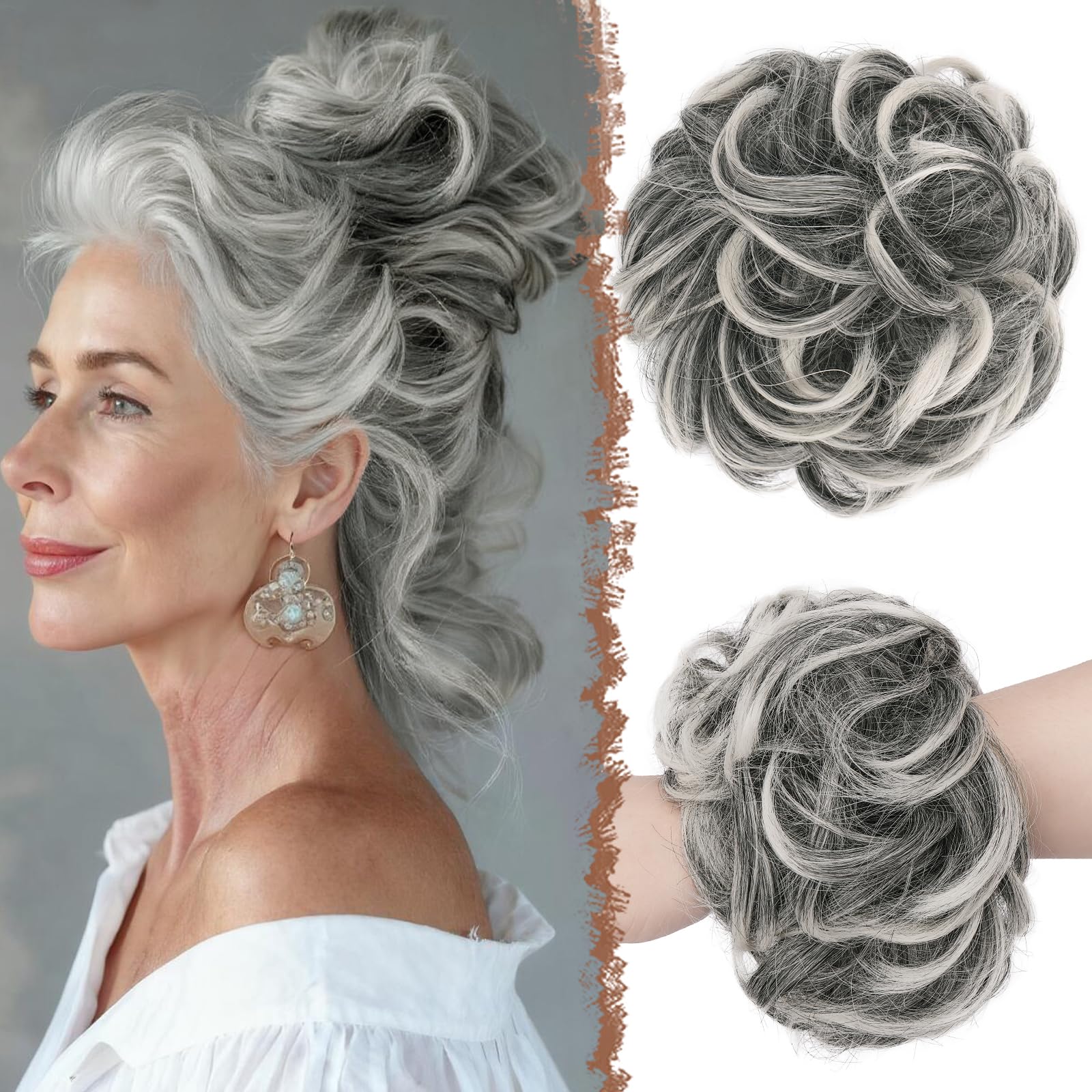Photo 1 of FESHFEN Messy Bun Hair Pieces - Large Wavy Curly Elastic Hair Bun Scrunchies Ponytail Extensions Synthetic Chignon Hairpieces for Women, Black Gray and White Tips 1.94oz
