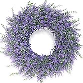 26" Lavender & Eucalyptus Wreath for Front Door, Porch, Window - Large Artificial Greenery Outdoor Wreath for Home, Farmhouse Decor - Spring, Summer, Fall, All Seasons (Purple)