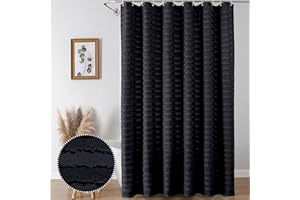 Aiyufeng Extra Long Boho Shower Curtains Black, Classic Boho Striped Textured Black Fabric Shower Curtain for Bathroom, Modern Farmhouse Tufted Cloth Shower Curtain with 12 Hooks