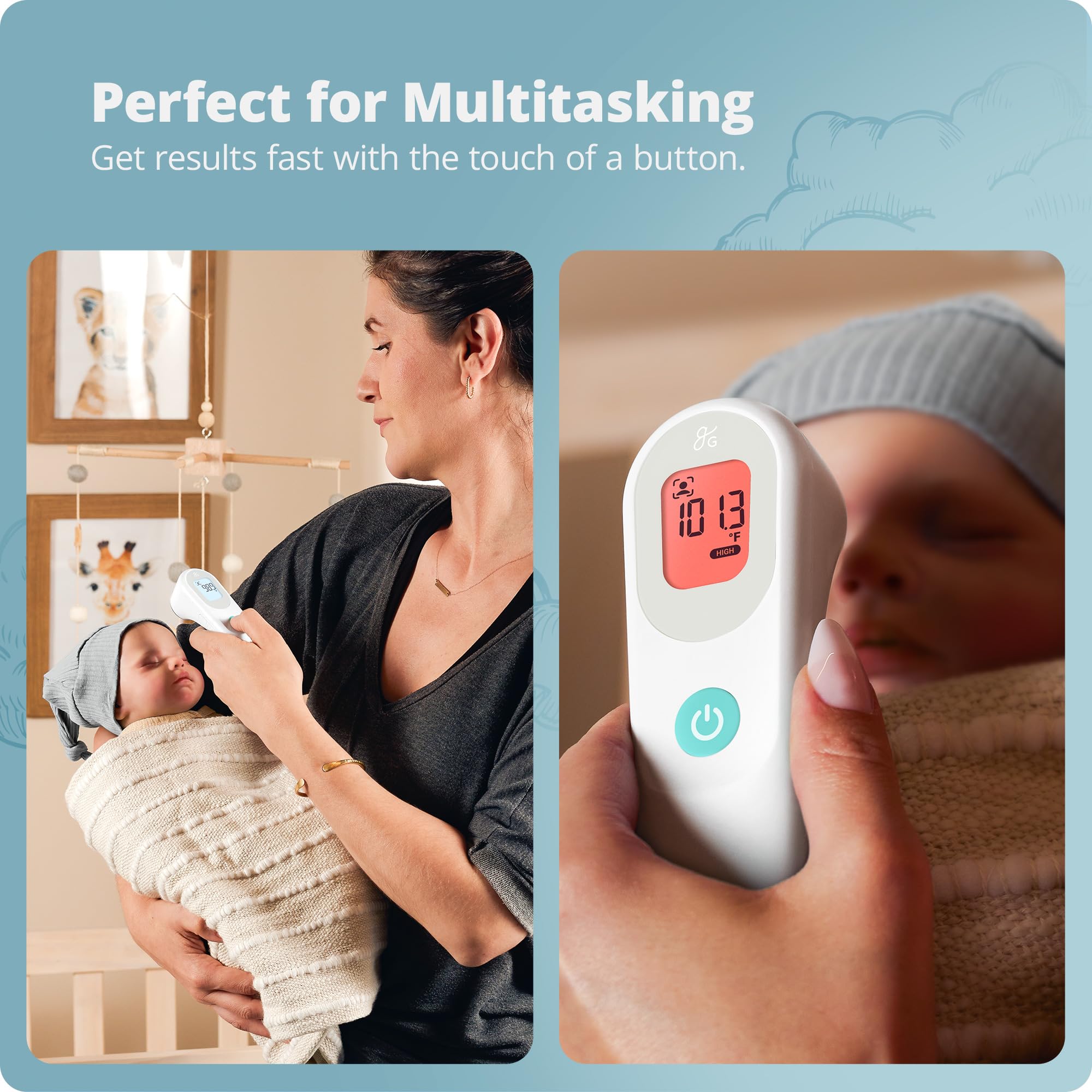 Greater Goods No-Touch Infrared Digital Thermometer for Adults, Kids, and Babies, Forehead Thermometer with Ergonomic Grip, Fever Alarm, White