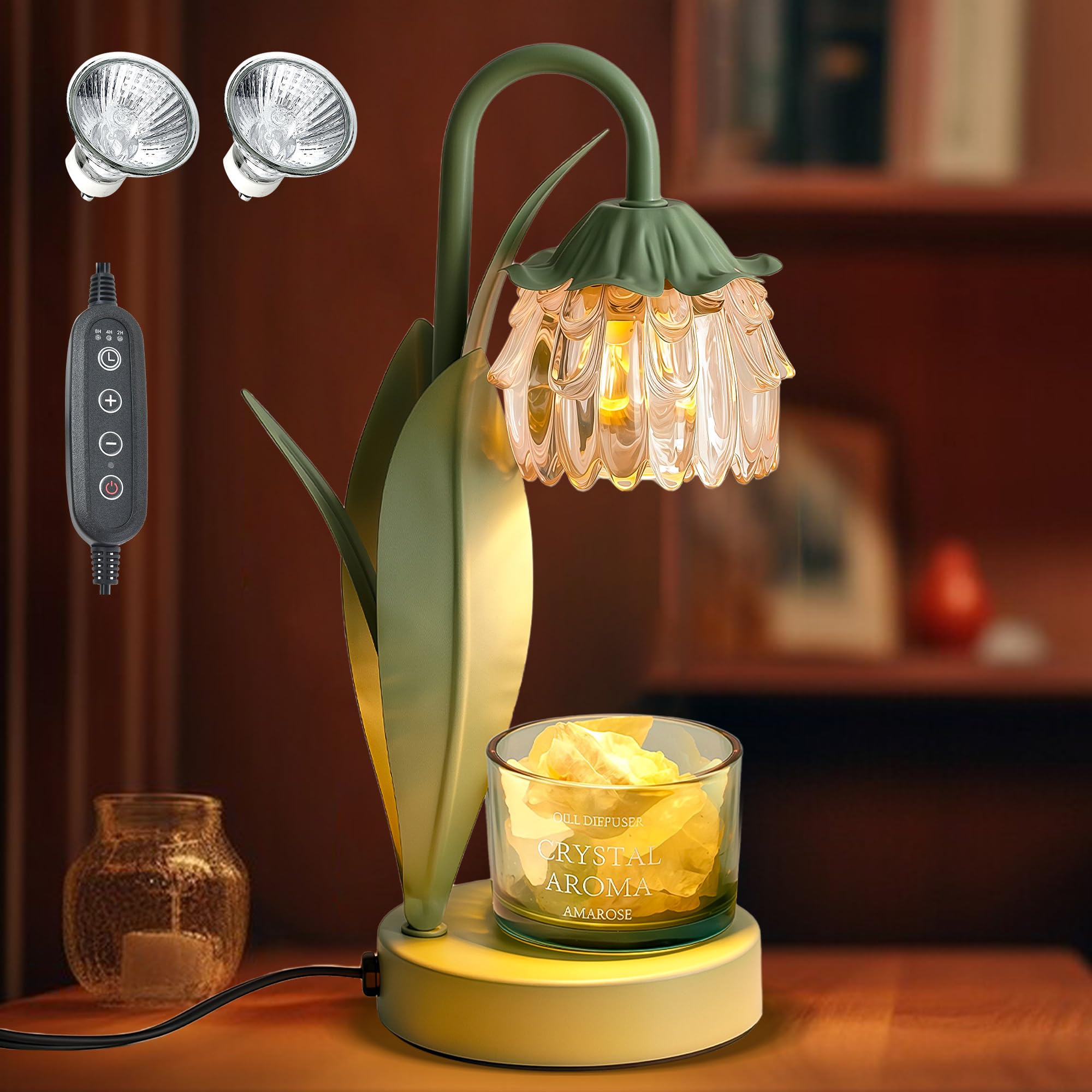 Flower Candle Warmer Lamp,Birthday Gifts for Women Mom,Candle Warmers Lamp with Timer,Dimmable Wax Warmer,Cute Small Candle Lamp House Warming Gifts New Home Bedroom Office Fall Decor (with 2 Bulbs)