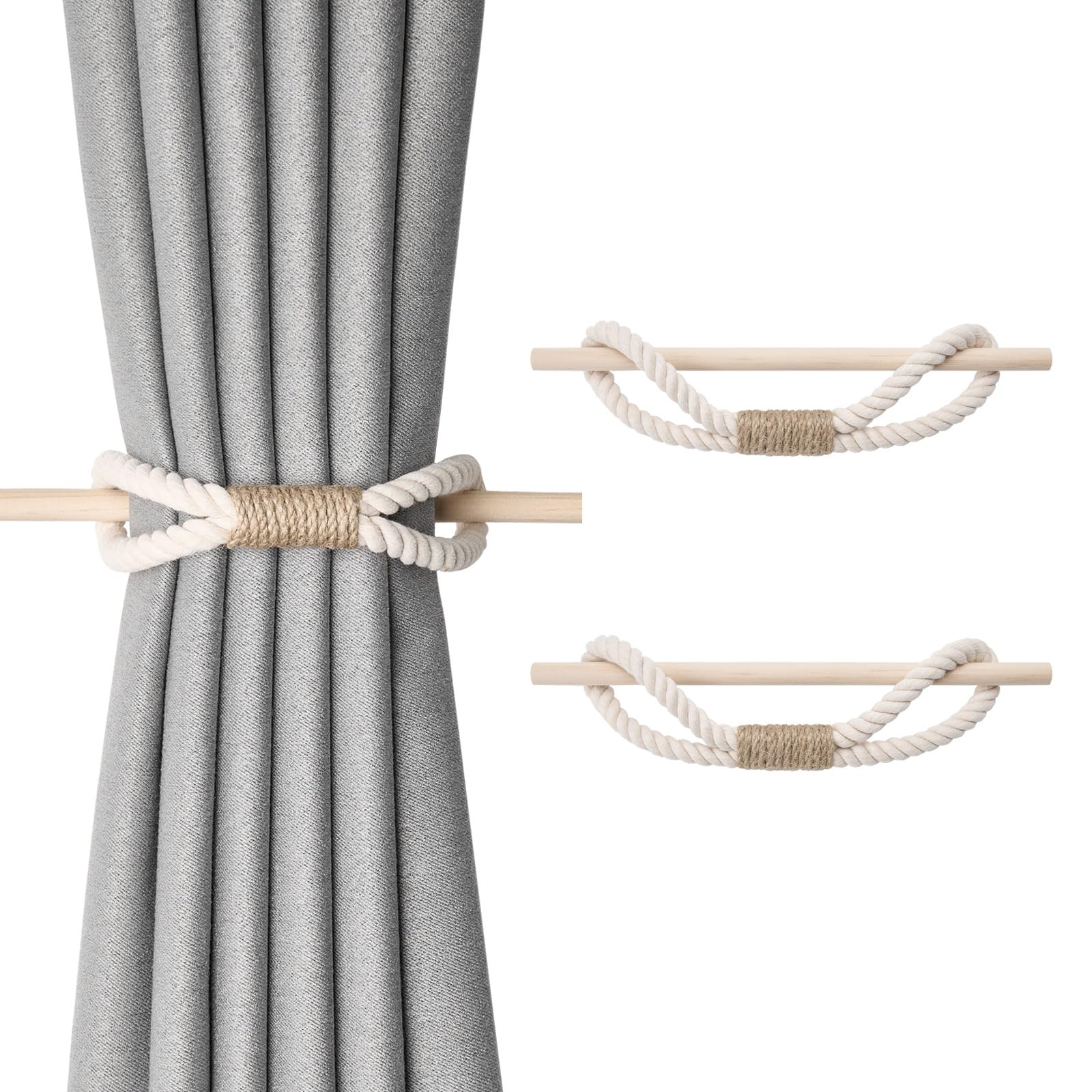 Pretty Jolly 2 Pack Natural Cotton Rope Curtain Tiebacks Boho Rustic Style Decorative Drape Tie Backs Farmhouse Hand-Woven Curtain Holdbacks with Wood Club for Home & Office Drapery (Cotton rope)