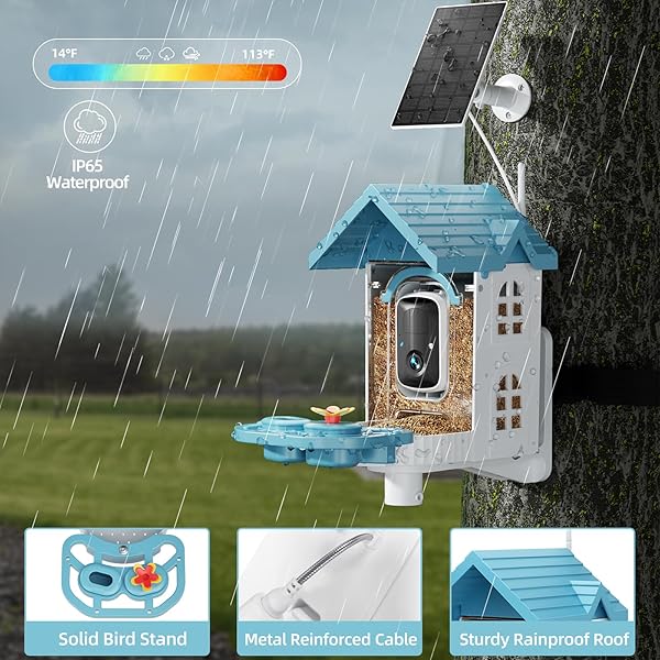 SMART BIRD FEEDER WITH CAMERA, 2K HD SOLAR POWERED BIRDHOUSE WITH CAM FOR OUTDOORS, AI IDENTIFY BIRDS SPECIES, AUTO CAPTURE & REAL-TIME NOTIFICATIONS (BLUE)
