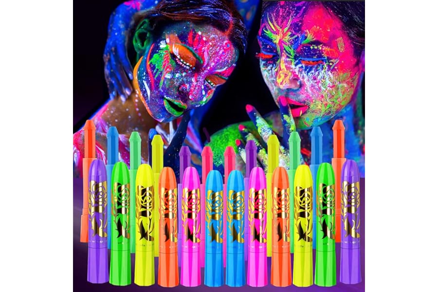 12 PCS Glow Face Body Paint, Glow In The Dark Under UV Black Light Sticks Makeup Neon Face Painting Kits for Adult Halloween Festival Accessory Glow Party Supplies