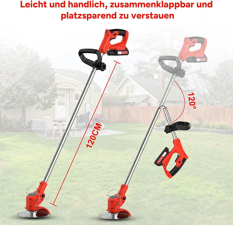 Akku Rasentrimmer mit Akku, Rasenkantenschneider mit 2 Akkus 21V und 4 Messertypen+1 Gartenschere, Verstellbarer Teleskop-Führungsholm Desbrozadoraeléctrico inalámbrico (Rot-FBA)