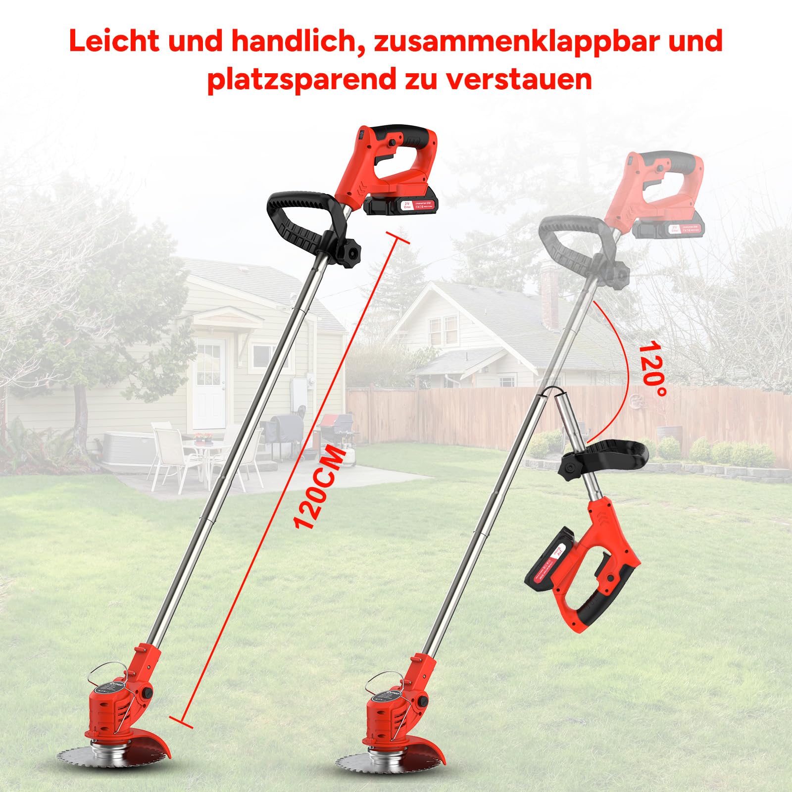 OUTIGO Akku Rasentrimmer mit Akku, Rasenkantenschneider mit 2 Akkus 21V und 4 Messertypen+1 Gartenschere, Verstellbarer Teleskop-Führungsholm Desbrozadoraeléctrico inalámbrico (Rot-FBA) 3