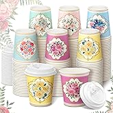 Karenhi 36 Pack 9 oz Floral Paper Cups Bridal Shower Vintage Tea Cup Wedding Disposable Coffee Mugs with Lids for Women Girls Tea Party Decorations Baby Shower(Retro)