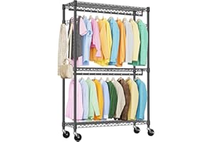 IZEUK 3 Tier Heavy Duty Rolling Garment Rack Wire Clothes Rack for Hanging Clothes, Metal Freestanding Closet Wardrobe with Double Rods and Side Hooks Black 15.7" D x 45.3" W x 79.6" H