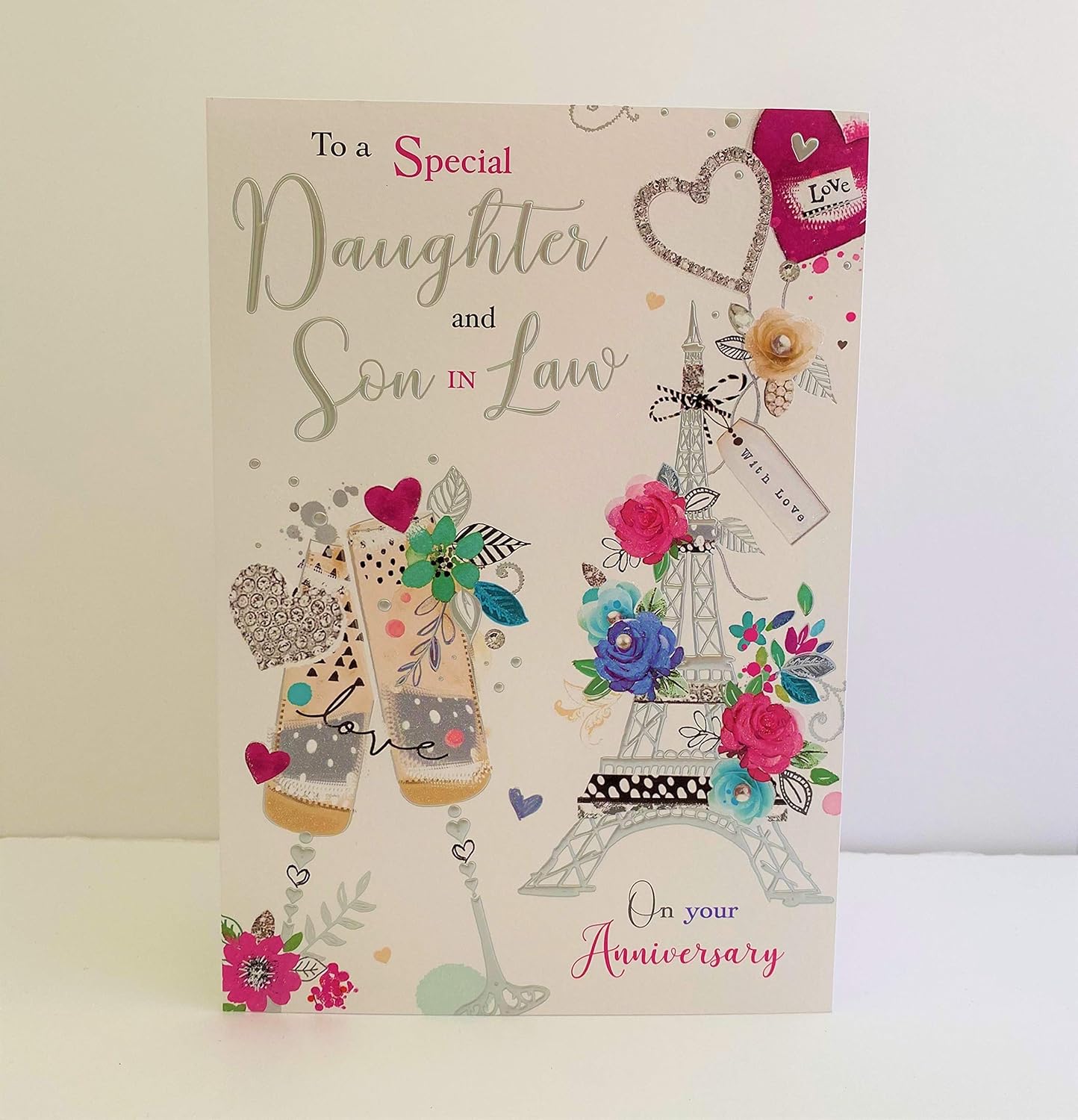 Jonny Javelin Special Daughter and Son in Law Anniversary Card, Champagne Flutes Eiffel Tower Flowers, white|beige|black|red