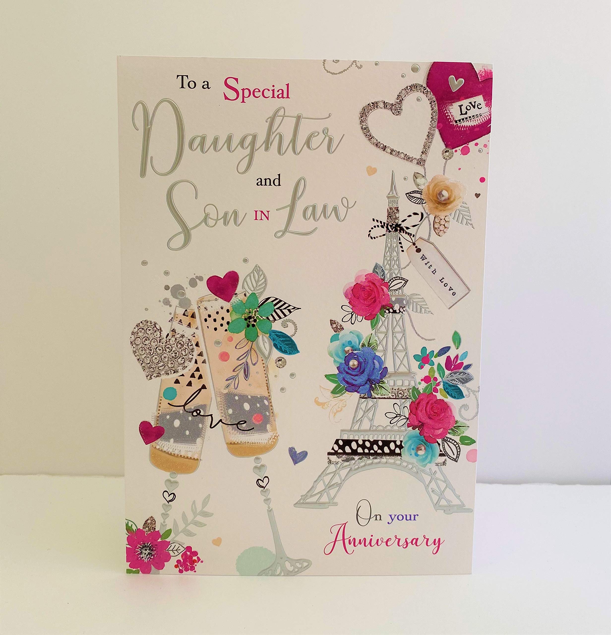 Jonny Javelin Special Daughter and Son in Law Anniversary Card - Champagne Flutes Eiffel Tower Flowers
