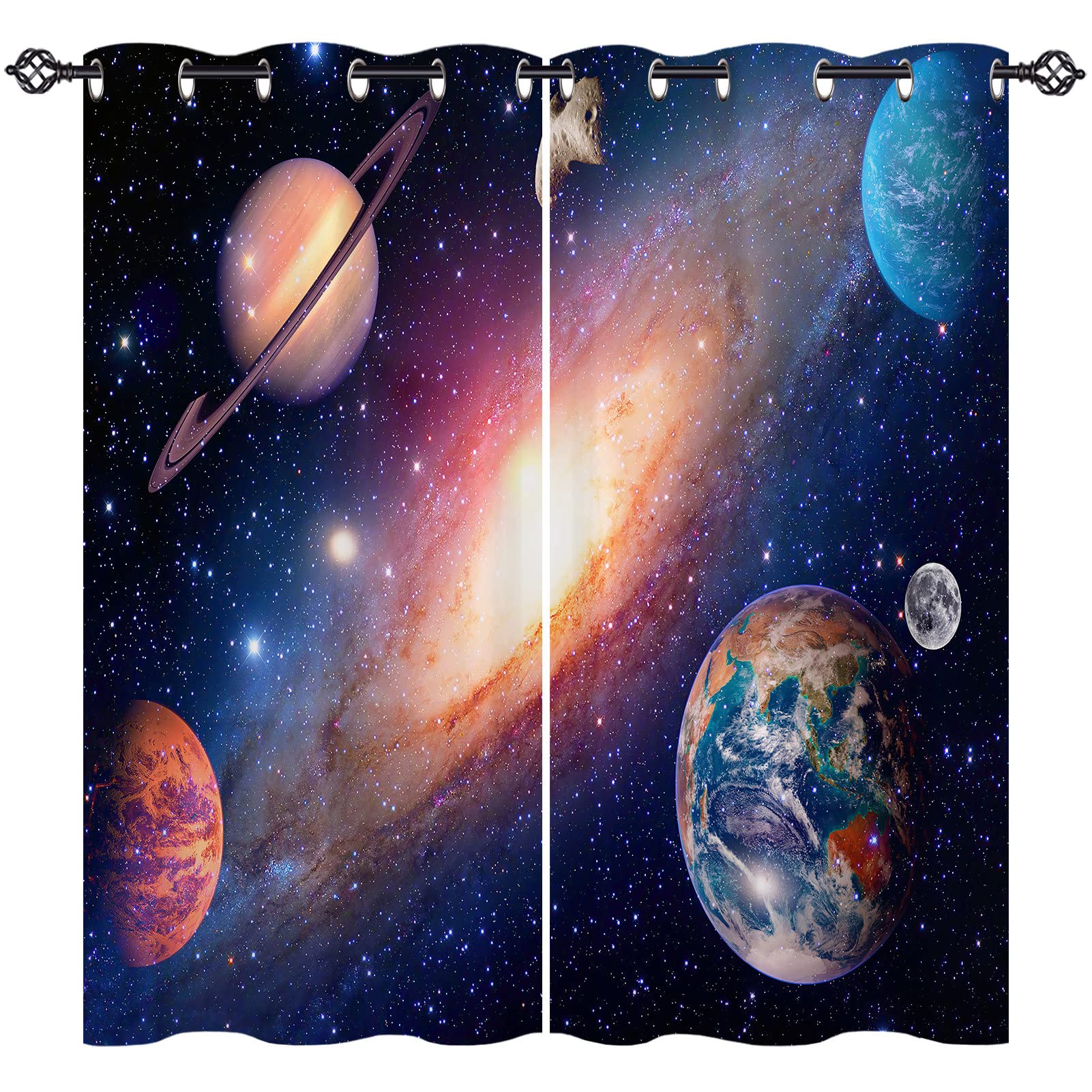 ANHOPE Planet Curtains Eyelet Ring Top Thermal Insulated 80% Blackout Curtains with Space Galaxy Earth Print Pattern Window Drapes for Kids Boys Girls Bedroom Living Room 46 x 54 Inch Drop 2 Panels