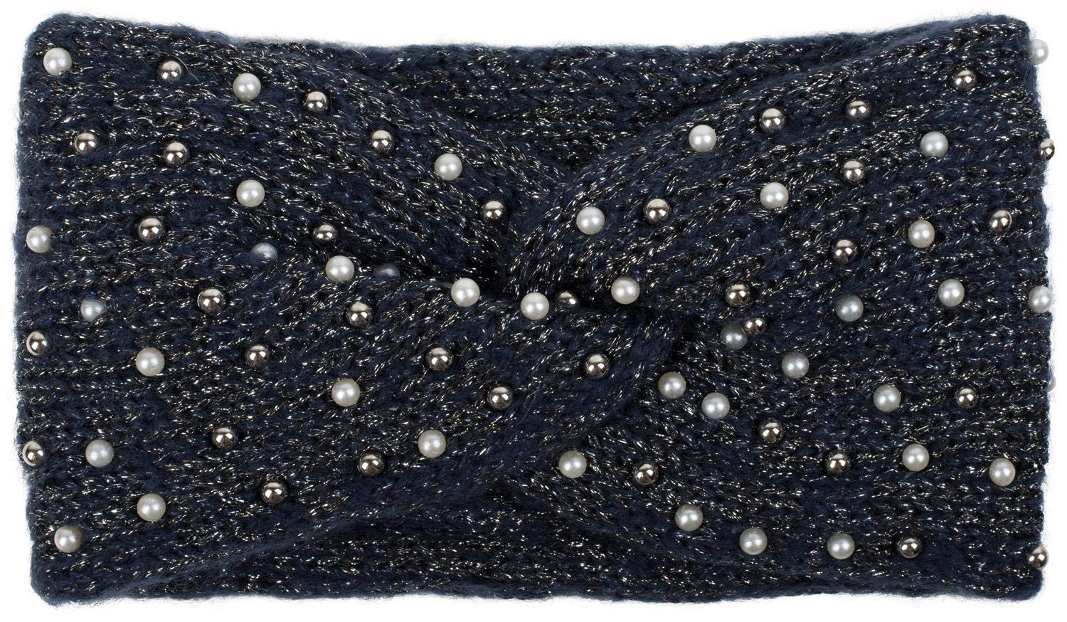 styleBREAKER women knit headband with pearls, metallic yarn and knot, hairband, headband 04026029, color:Dark Blue
