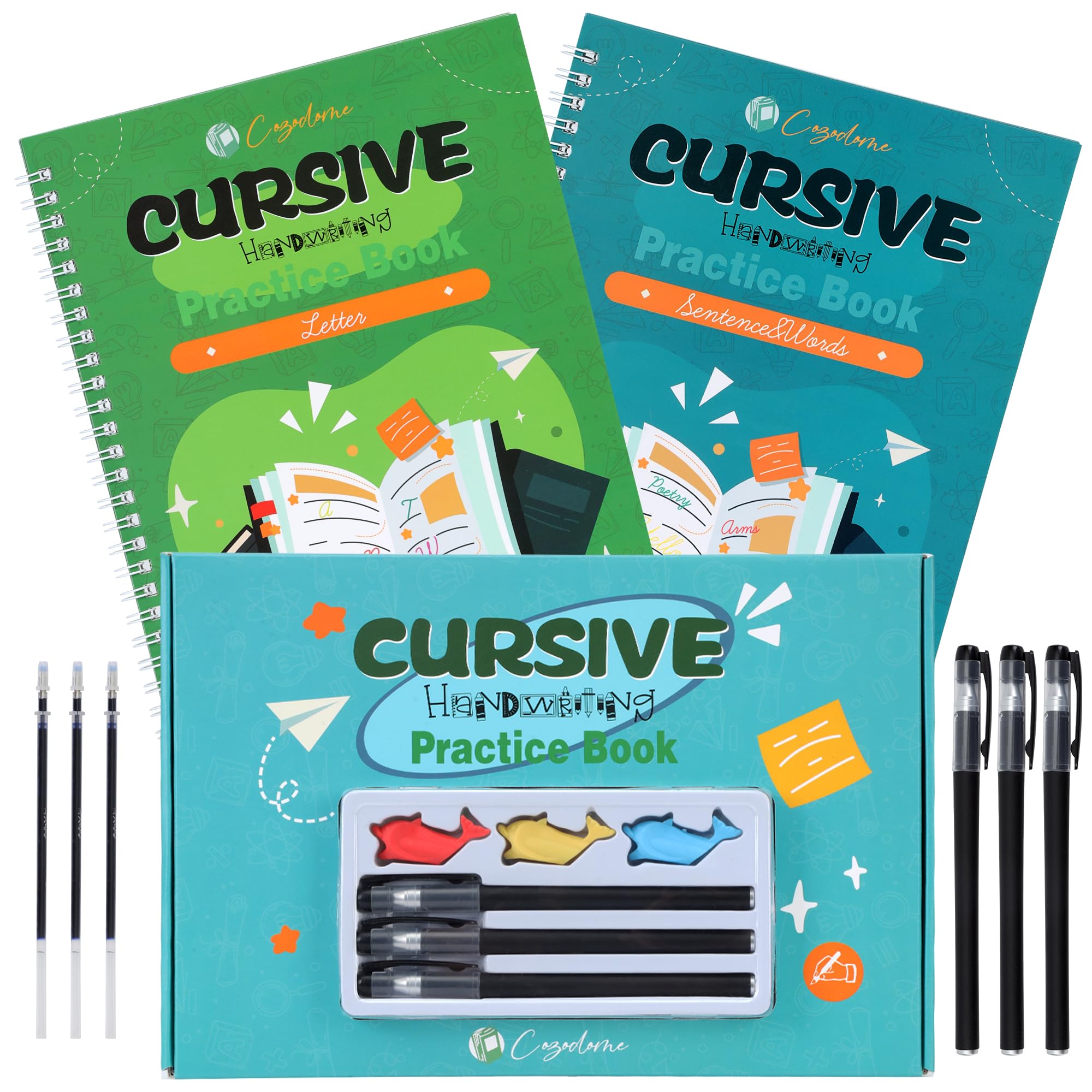 Photo 1 of Cozodome Grooved Cursive Handwriting Workbook for Kids-Reusable Magic Practice Book with Disappearing Ink, Cursive calligraphy Kit, Cursive Copybook for Kids Ages 5-12, Handwriting Without Tears Teens