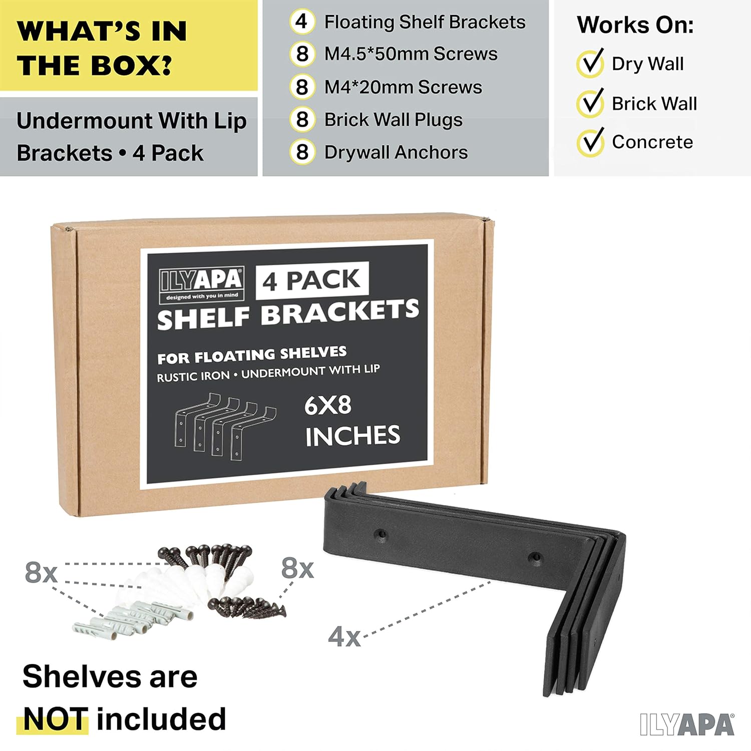 Heavy Duty Steel Floating Shelf Brackets, Undermount Bracket With Lip- Farmhouse Rustic Iron Matte Finish - 4 Pack of 6 x 7.25 Inch Industrial Metal Shelf Holders, Joint Angle Brackets for Wall Shelve: Home Improvement