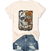 Skull Shirts for Women Vintage Skeleton T Shirt Short Sleeve Top | Skull Shirts For Women Vintage Skeleton T Shirt Funny Wildflower Tshirt Daisy Graphic Tees Short Sleeve Tops