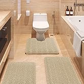 ACCUMTEK Striped Beige Bathroom Rug Set 3 Pieces Ultra Soft, Non Slip Chenille Toilet Mat, Absorbent Plush Shaggy Bath Mats for Bathroom, Bedroom, Kitchen
