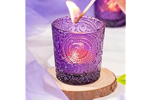 ART SECRET 12 Pack Sun Moon Star Embossed Glass Tea Light Candle Holders - Votive Candle Holders for Wedding, Party, Home Decor, and Table Centerpieces (Amethyst Purple)