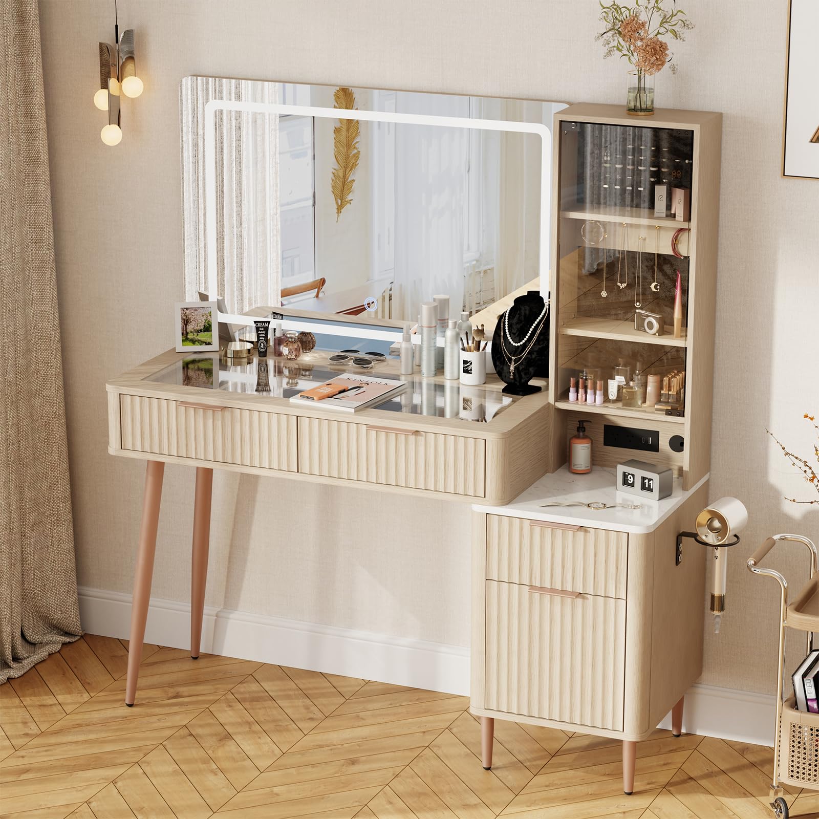 Photo 1 of ***(MISSING MIRROR - SELLING AS IS MISSING PARTS)*** 
IKALIFE 48" Fluted Makeup Vanity Desk , Glass Top Dressing Table with Jewelry Organizer Cabinet, Storage Cabinet, 3 Drawers, Charging Station for Bedroom, Oak