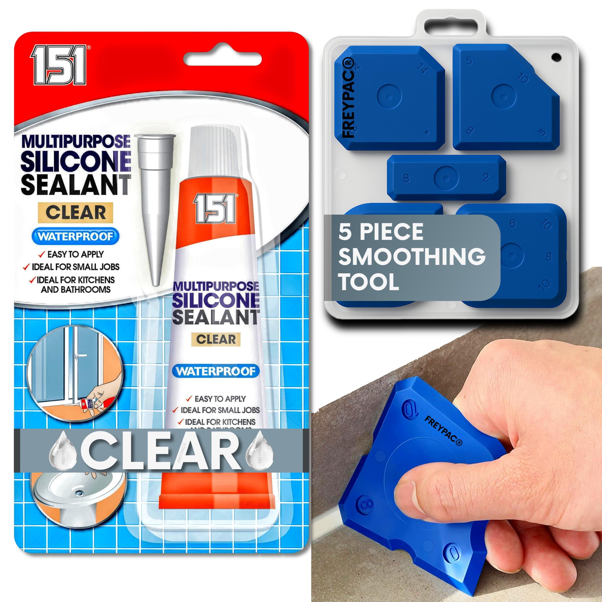 151 Clear Waterproof Silicone Sealant with 5 Piece Sealant Smoothing Tool Finishing Kit, Perfect for the Bath, Shower, Tiles, Aquariam Repairs, 70g, FREYPAC Bundle