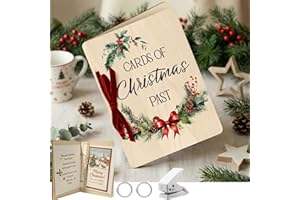 Threehoney Christmas Card Keeper Wood Christmas Album Keeper with Hole Punch Metal Buckles Red Green and Khaki Velvet Ribbons