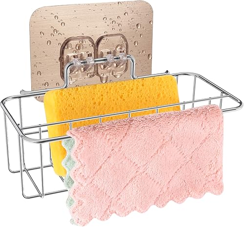 2 in 1 Sponge Holder+Rag Holder for Kitchen Sink with Adhesive, 304 Stainless Steel Kitchen Sink Sponge holder Organization Basket, Kitchen Sink Caddy holder-Easy to Use