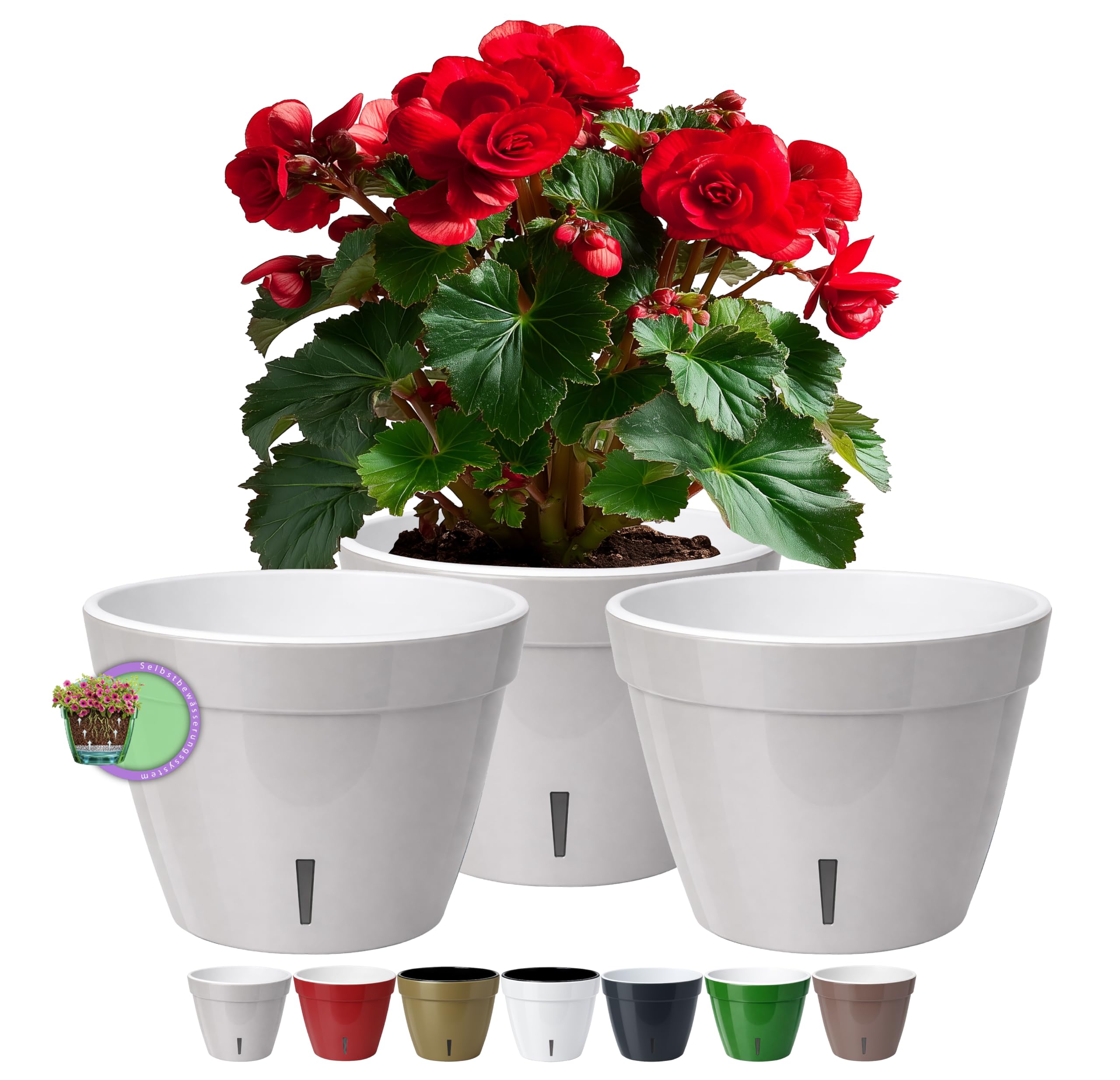 Santino ASTI 7.1 Inch Self Watering Planters (SET OF 3) for Indoor Plants - Modern Flower Pots w/Water Level Indicator for All Plants, African Violets and Dahlias - (Ø 7.1 Inch, 2.5 L, GREY/WHITE) — image 1