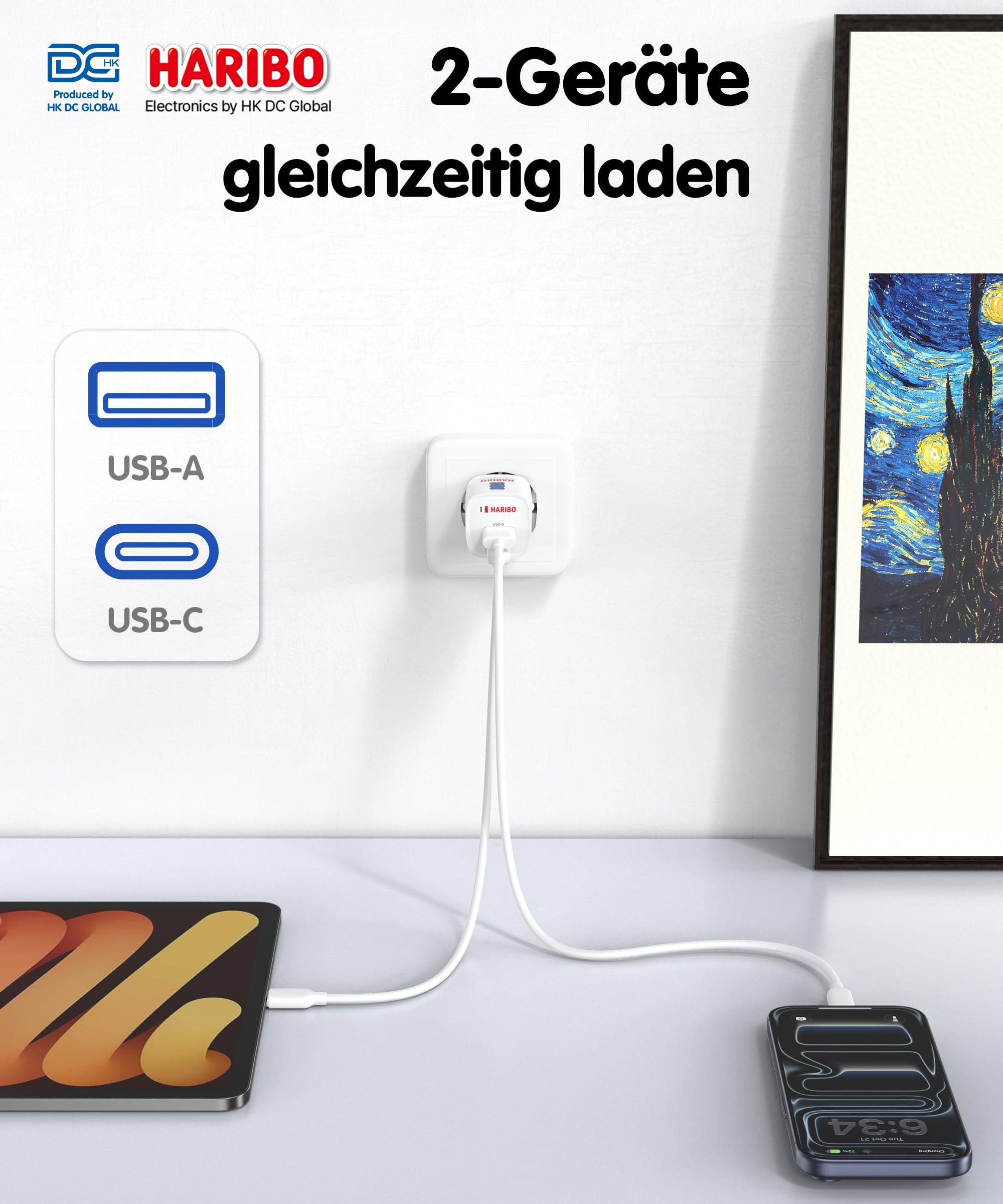 HARIBO USB C Ladegerät 30W, 2-Port GaN Netzteil USBC&USB Stecker PD Charger 3