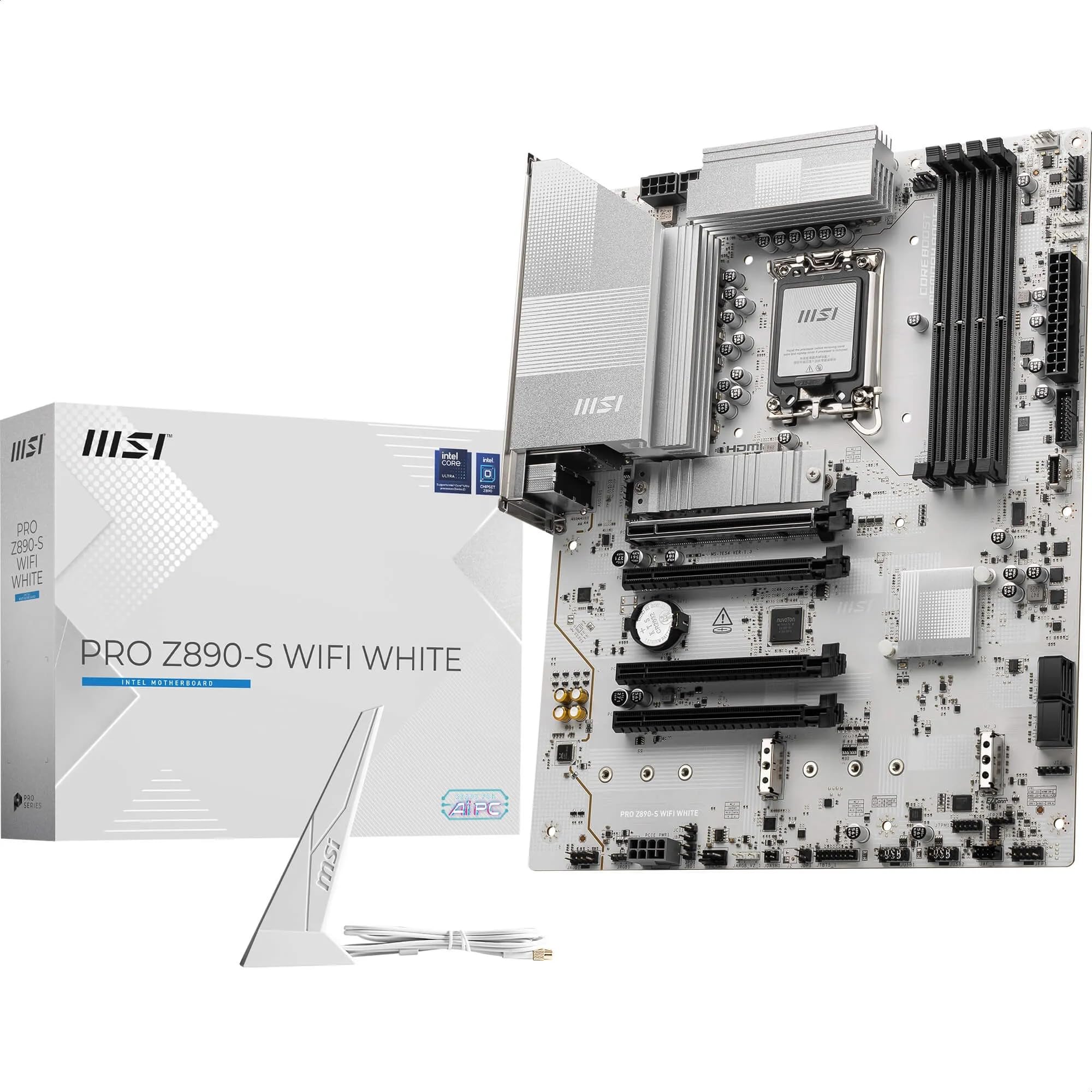 Photo 1 of MSI PRO Z890-S WiFi White Motherboard, ATX - Supports Intel Core Ultra Processors (Series 2), LGA 1851 - DDR5 Memory Boost (8600+ MT/s OC), PCIe 5.0 x16 & 4.0 x16, M.2 Gen5, Wi-Fi 7, 2.5G LAN