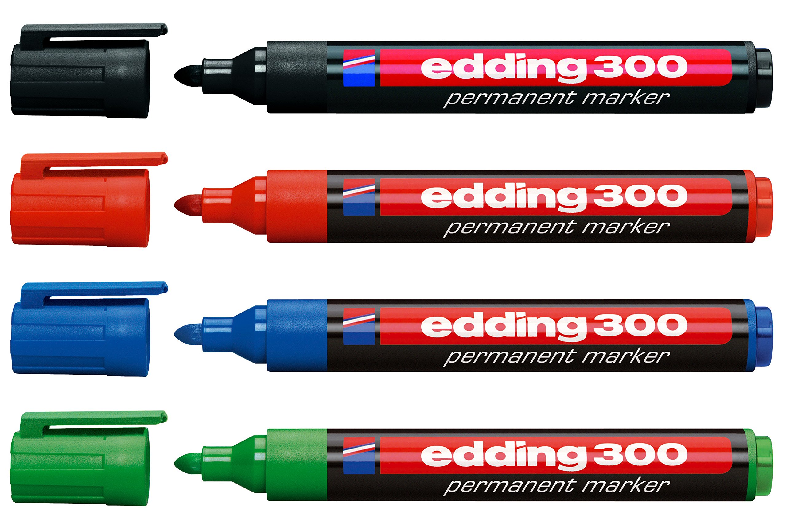 edding Set of 4 Permanent Markers 300, Refillable, 1.5-3 mm [Basic Colours] Black, Red, Blue and Green — image 1