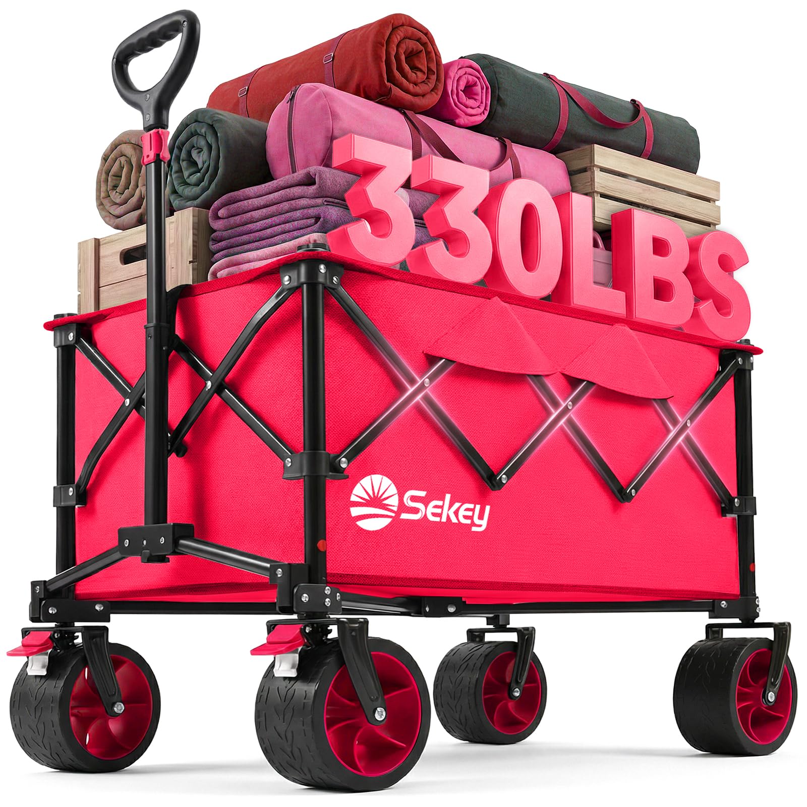 Sekey 150L Wagons Carts Foldable with Big All-Terrian Beach Wheels, Collapsible Heavy Duty Wagon, Extra Large Folding Wagon, Foldable Wagon for Camping, Garden, Sports. Pink Image