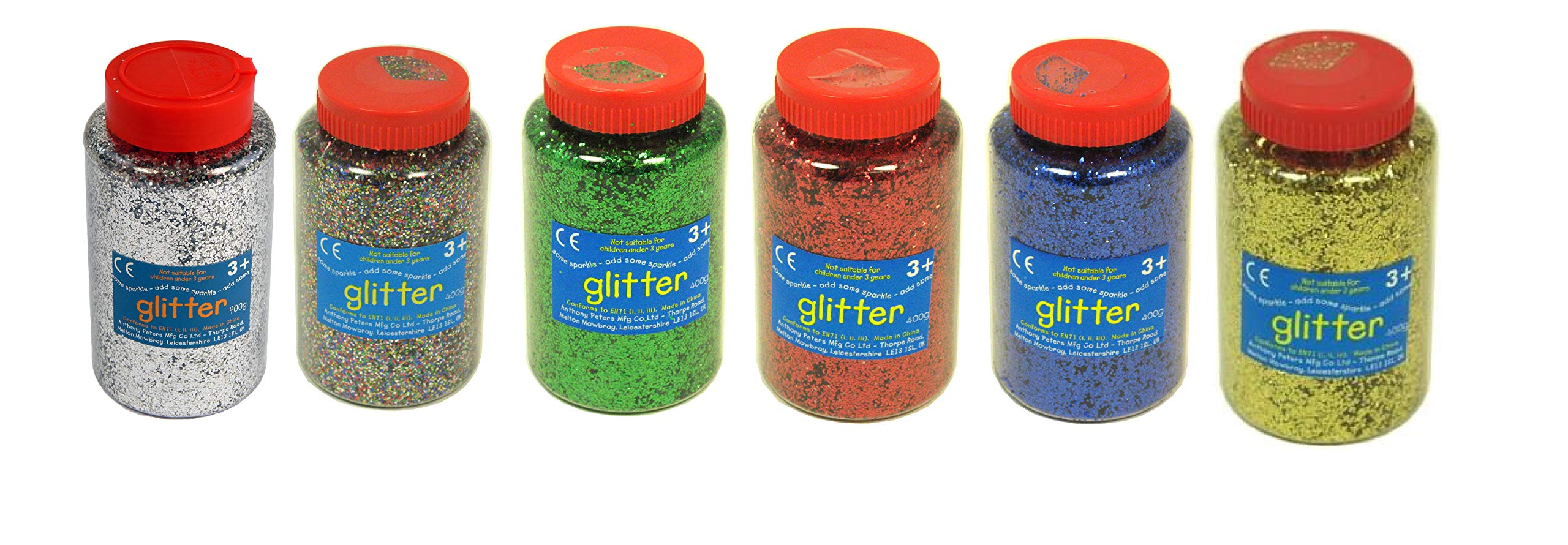 Glitter | Bumper Pack of 6 Colours | 400 Gram tubs | Shaker lid for Easy Pouring & Storage | Arts and Crafts | Glitter Art