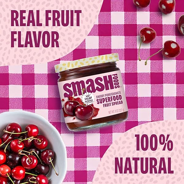 SMASH FOODS CHERRY POMEGRANATE JAM | LOW-CALORIE, NO SUGAR ADDED KETO JAM WITH UPCYCLED FRUIT & CHIA SEEDS | VEGAN, PALEO SUPERFOOD FRUIT SPREAD (1 JAR)