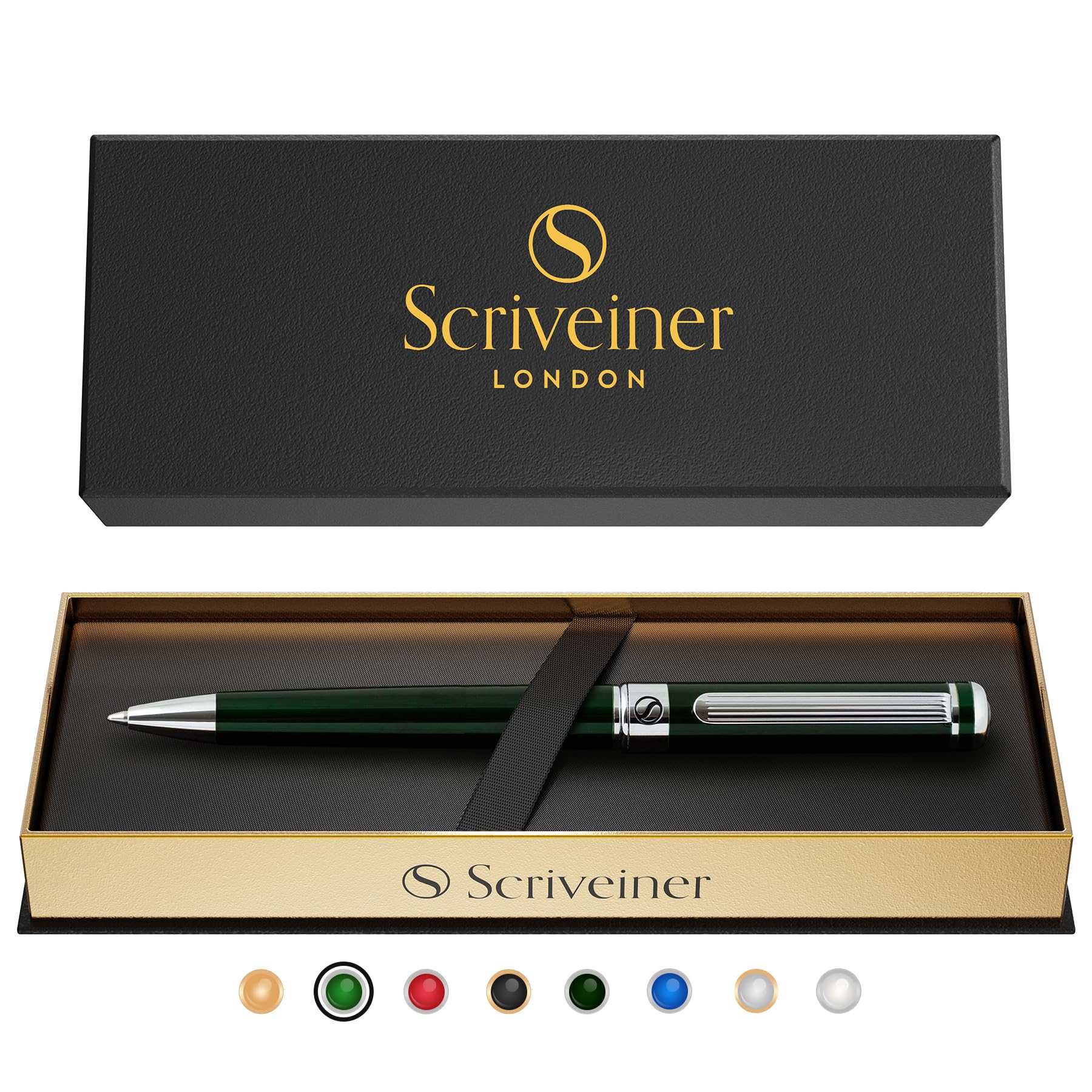 Scriveiner Green Ballpoint - Stunning British Racing Green Luxury Pen, Chrome Finish, Schmidt Black Refill, Best Ball Pen Gift Set for Men & Women, Professional Executive Office