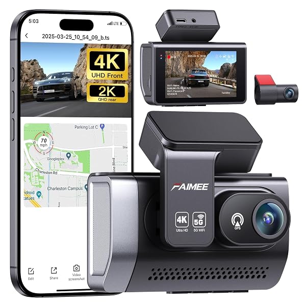 FAIMEE 4K DASH CAM FRONT AND REAR WITH GPS, UPGRADED 5.8G WIFI, DUAL DASH CAMERA FOR CARS, NIGHT VISION, WDR, 160°WIDE ANGLE, 24H PARKING MONITOR, EMERGENCY LOCK, 3″ IPS SCREEN