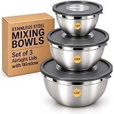 Table Concept 3 Set Mixing Bowls, Airtight Lids Stainless Steel Nesting Set | Set of 3 large metal mixing bowl set with lids stacks for space-saving storage, Big bowls for baking, prepping &amp; food storage