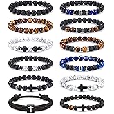 Jewdreamer 12PCS Beaded Bracelets for Men 8MM Tigers Eye Bracelet Natural Stone Crystal Bead Cross Bracelet Adjustable Stretch Christian Bracelets Jewelry Gifts