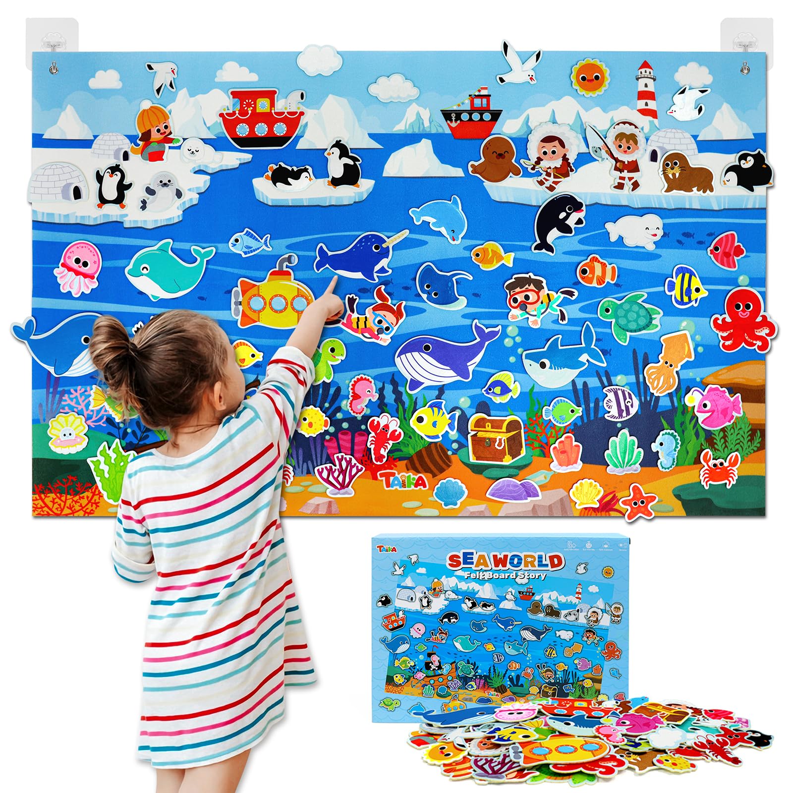 Taika 70 Pcs Ocean Creatures Felt Story Board Set, 43x28 inch Flannel Board, Fuzzy Felt Set, Preschool Storytelling, Classroom Educational Learning Play Kit, Interactive Teaching Kit