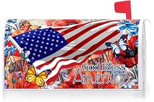 Texupday God Bless America Patriotic Floral Independence Day Mailbox Cover with Magnetic Strip Memorial Day Mailbox Wraps Post Letter Box Cover Standard Size 21" X 18" for Garden Outdoor Yard Decor