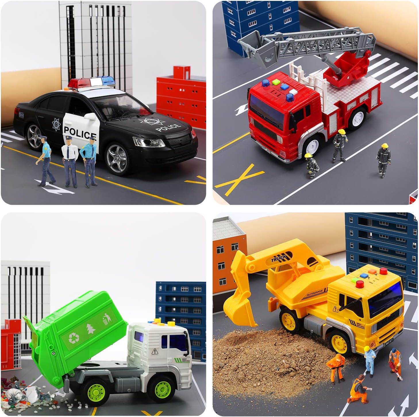 Fire Truck, Construction Truck, Police Car and Garbage Truck with Sound and Light, Pull Back Cars Push and Go Cars Friction Powered Play Vehicles for Toddler Boys and Girls: Toys & Games