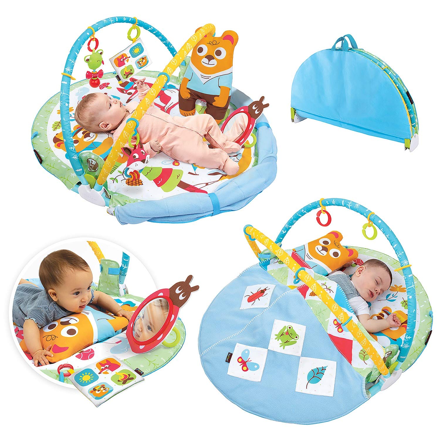 Yookidoo Baby Gym Play 'N’ Nap. 3-in-1 Activity Playmat with Foldable Infant Blanket. Tummy Time Pillow & Mirror, Sensory Toys and Newborn Rattle for 0-12 Months.