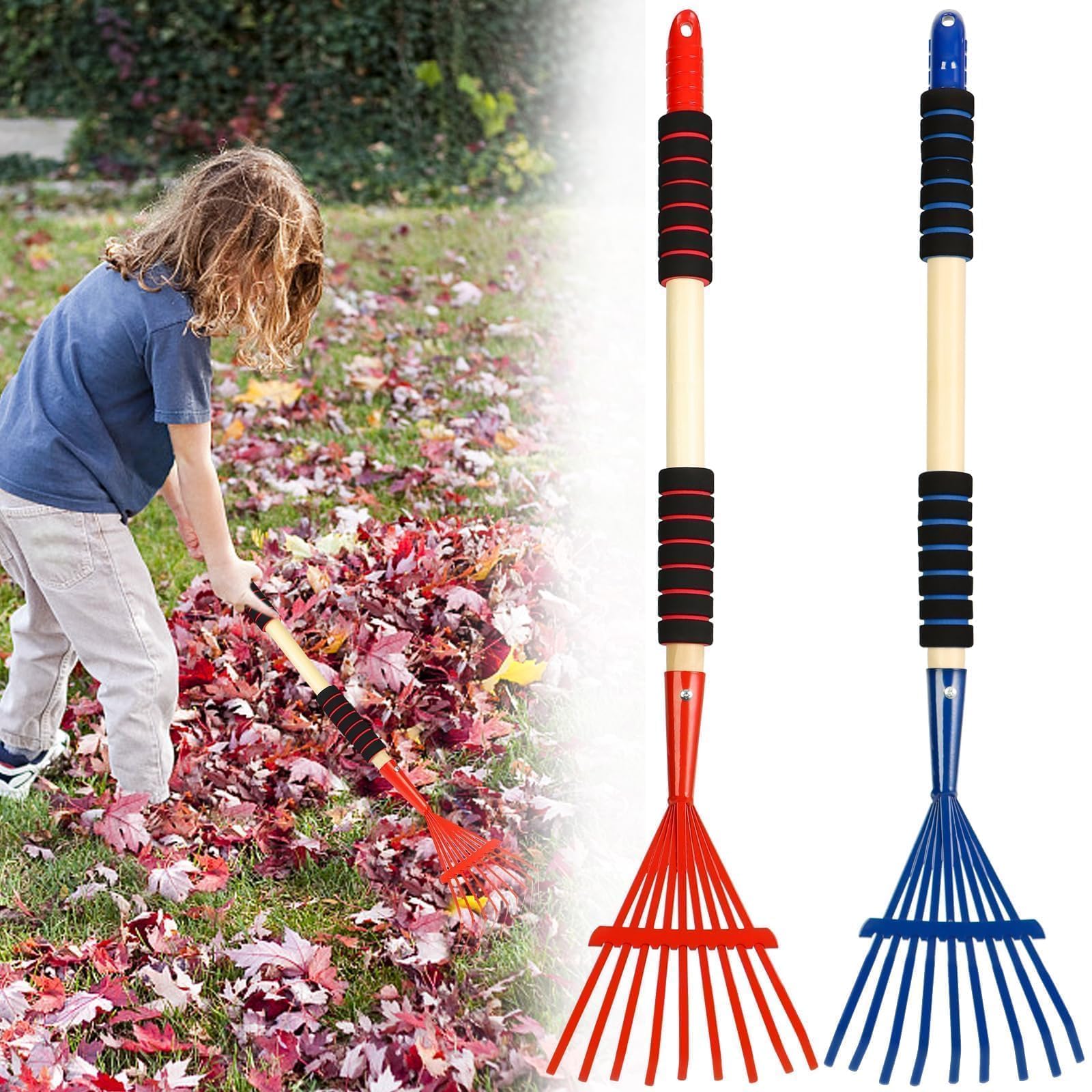 Photo 1 of 2 Pack Kids Rakes for Leaves, 28" Small Metal Toddler Rakes Garden Lawn Rake with Hardwood Handle and Soft Grip, Lightweight Child Size Yard Leaf Rake Kid Gardening Tools Set for Boys and Girls