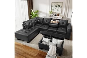 Lamerge Faux Leather Sectional Sofa Couch, Modern L-Shaped Modular Couch Upholstered 6 Seaters Living Room Sofa Couch W/2 Cup Holders & Storage Ottoman, Living Room Furniture Set for Small Apartment