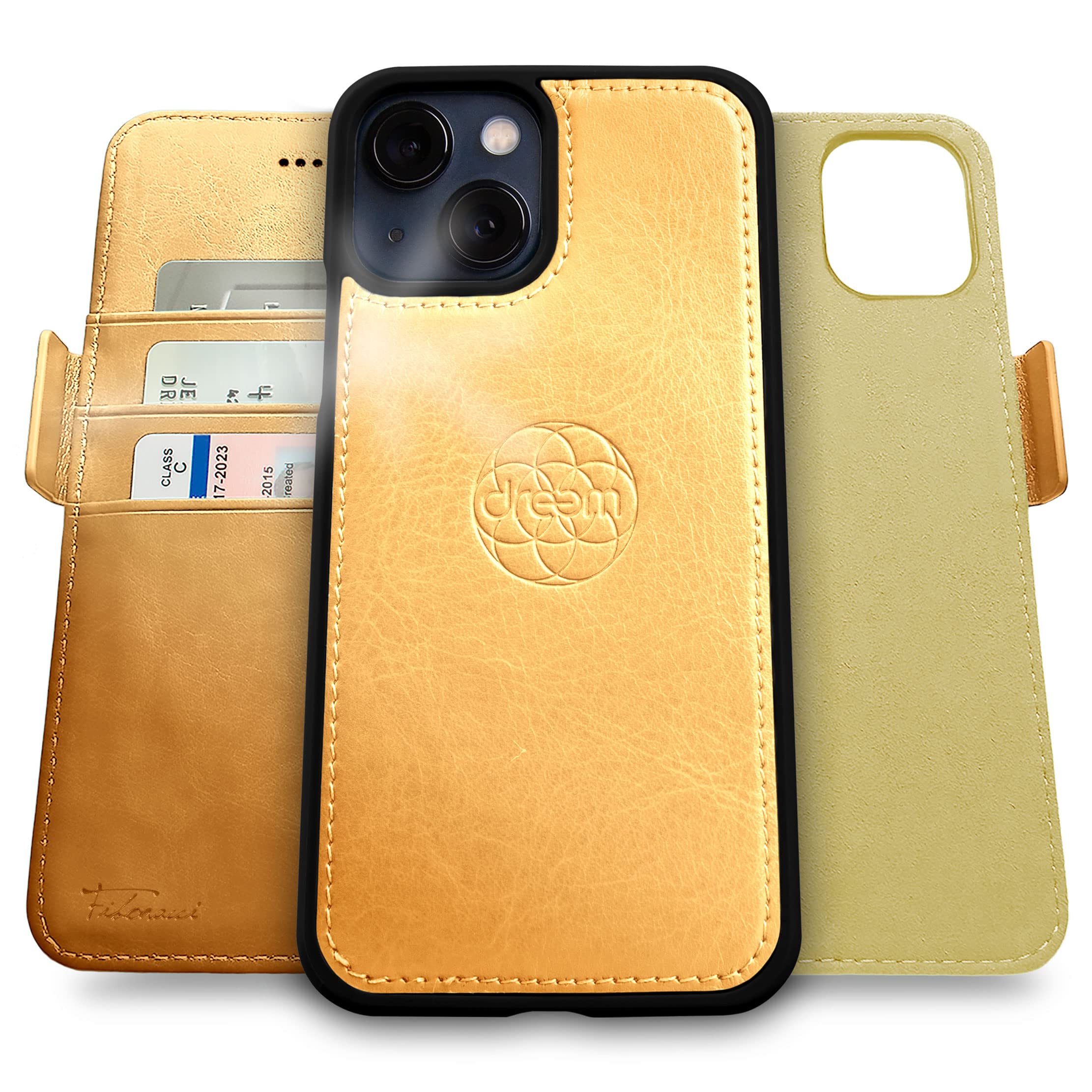 dreem Fibonacci wallet case compatible with iPhone 13/2-in-1 shockproof case and detachable vegan leather folio, MagSafe compatible, RFID protection [Gold] — image 1