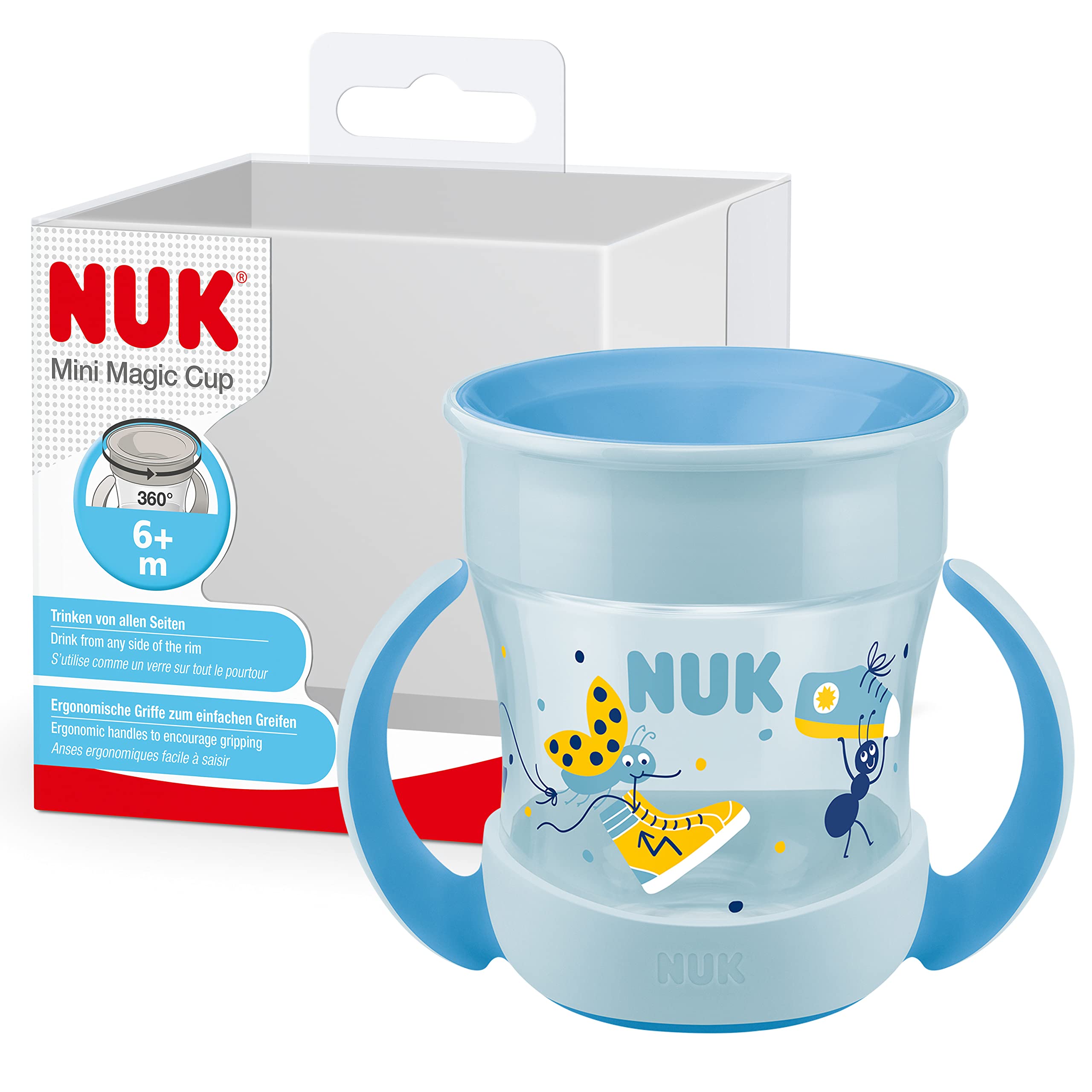 NUK Mini Magic Cup Sippy Cup | 360° Anti-Spill Rim | 6+ Months | Easy Grip Handles | BPA-Free | 160 ml | Blue Ladybird